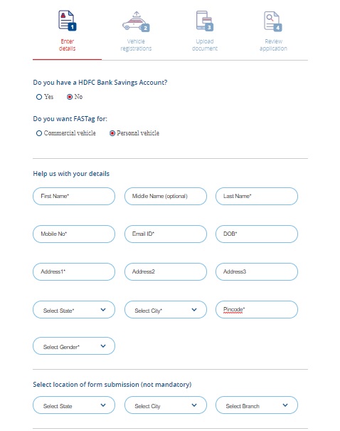 HDFC Fastag Application Form