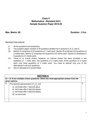 CBSE Sample Question Paper Class 10 Standard Maths (2019-20)