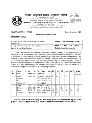 CCRAS Recruitment 2019 Notification for UDC & LDC