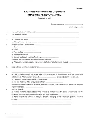 ESIC Employer’s Registration Application Form 10b