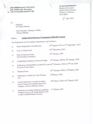 Sainik School Entrance Examination Notification 2020-21 Session