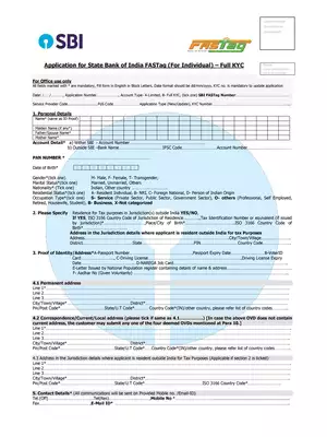 SBI FASTag Application form for Individual
