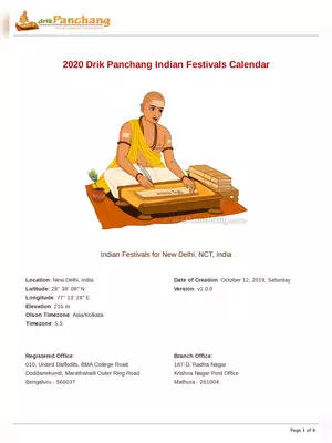 2020 Panchang Indian Festivals Calendar