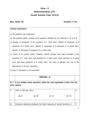 CBSE Sample Papers for Class 10 Basic Maths  (2019-20)