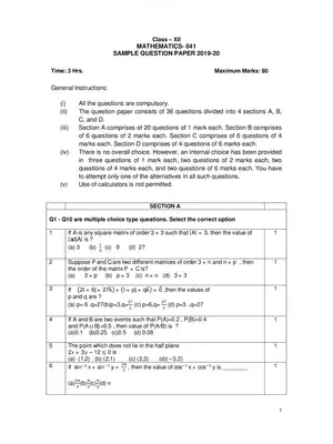 CBSE Sample Papers for Class 12 Mathematics (2019-2020)