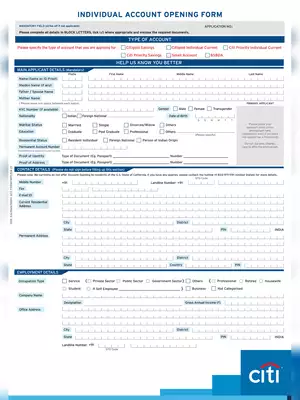 CitiBank Accounts Opening Form