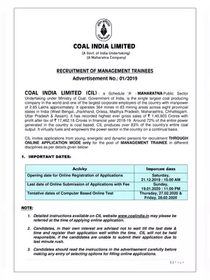 Coal India Limited Recruitment 2019-20 for Management Trainees