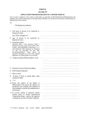 Form 20 Application For Registration of a Motor Vehicle