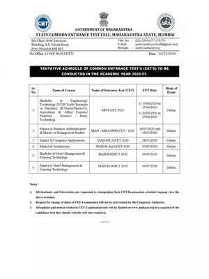 Maharashtra CET 2020 Technical Education Date Sheet