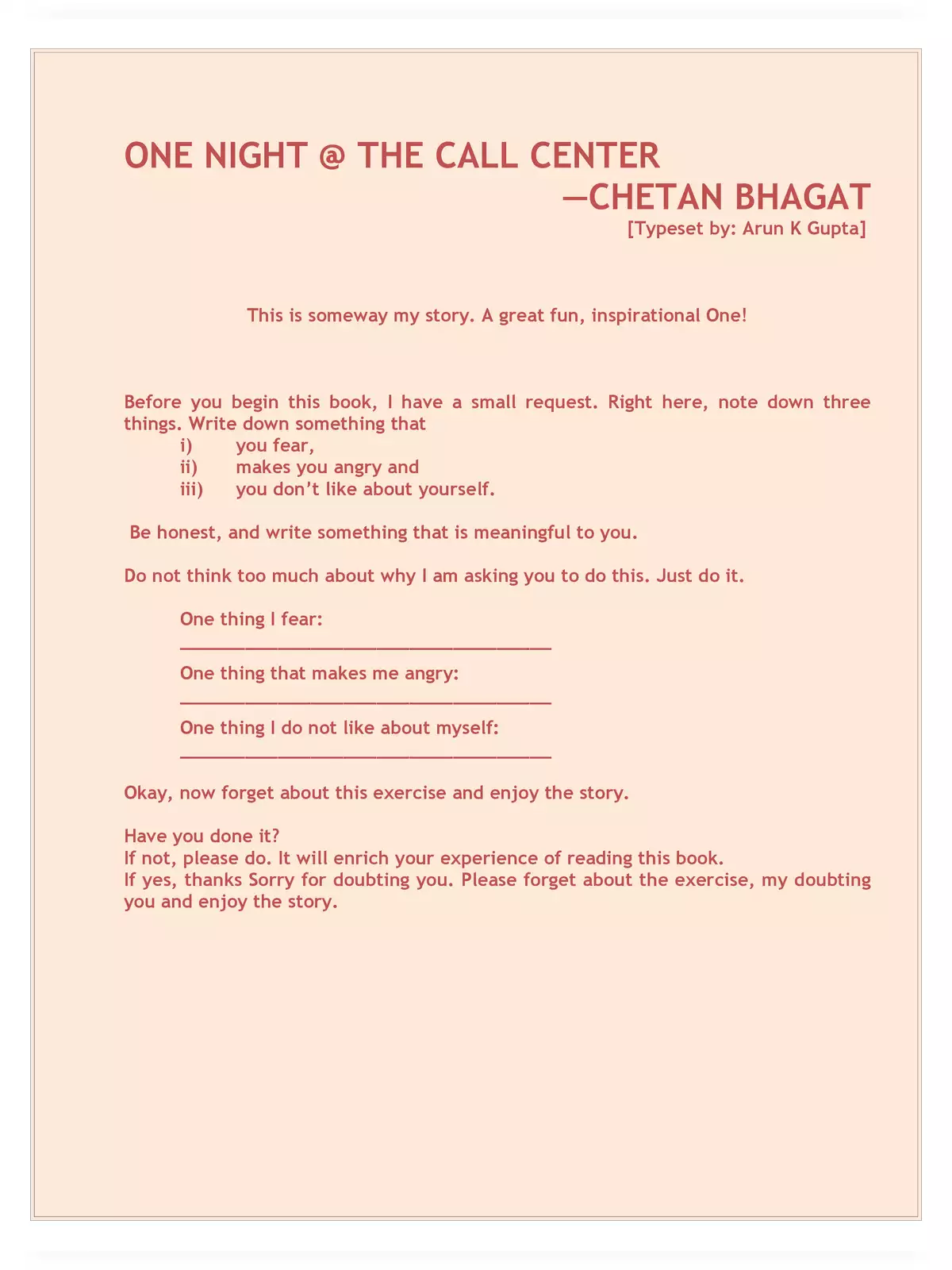 One Night at The Call Centre Book