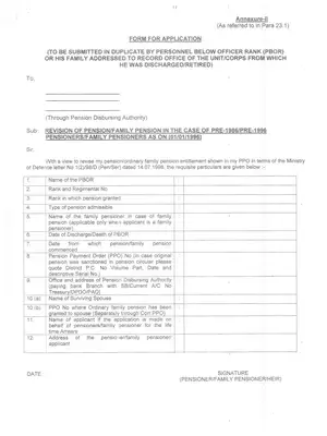Application Form for Revision of Family Pension Pre 1996