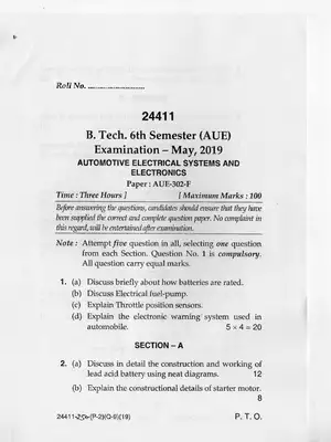 B.Tech Automotive Electrical Systems & Electronics MDU Question Paper May 2019