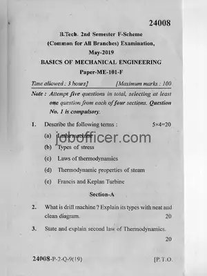 B.Tech Basics of Mechanical Engineering  MDU Question Paper May 2019