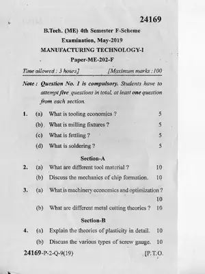 B.Tech Manufacturing Technology-I MDU Question Paper May 2019
