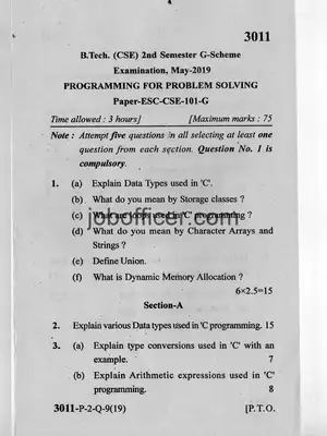 B.Tech Programming For Problem Solving MDU Question Paper May 2019