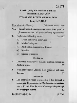 B.Tech Steam & Power Generation MDU Question Paper May 2019