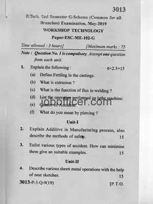 B.Tech Workshop Technology MDU Question Paper May 2019