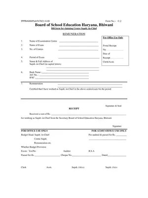 Bill Application Form C-2 For Claiming Centre Superintendent in Chief BSEH