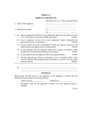 Delhi Commercial Licenses Medical Certificate Form 1A PDF