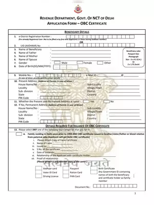 Delhi Govt OBC Certificate Application Form