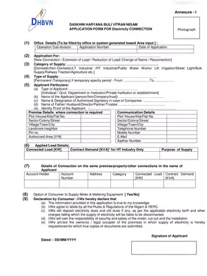 DHBVN Application Form For Electricity Connection