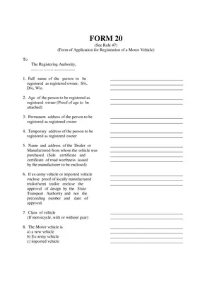 Form 20 for New Vehicle Registration
