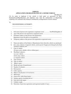 Form 20 for Registration of a Vehicle in Delhi