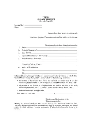 Form 3 Learner License Form with Photographs Delhi