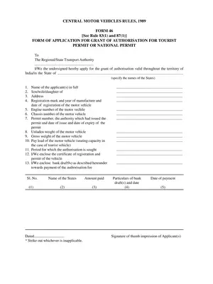 Form 46 Application for Grant of Authorization for Tourist Vehicle or National Permit