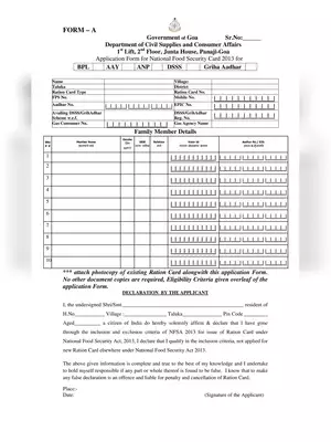 Goa Ration Card Application Form PDF