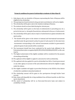 Haryana Scholarship Conditions  to General Sports Students