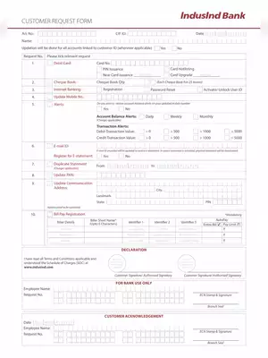 Induslnd Bank Customer Request Form