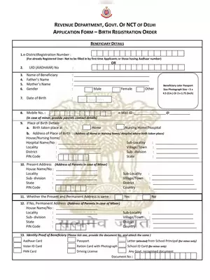 Issuance of Delayed Birth Registration Order Application Form Delhi