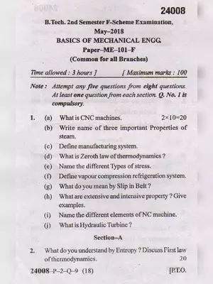 MDU B.Tech Basic of Mechanical Engg Question Paper 2018