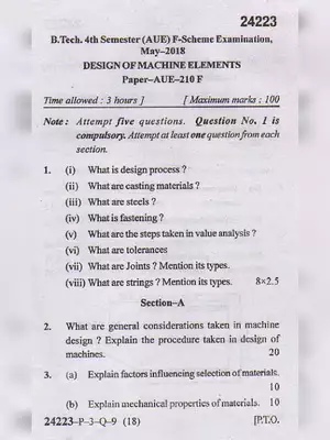 MDU B.Tech Design of Machine Elements Question Paper 2018