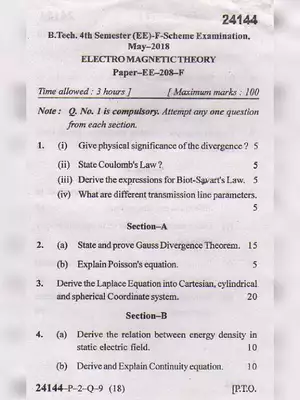 MDU B.Tech Electromagnetic Theory  Question Paper 2018