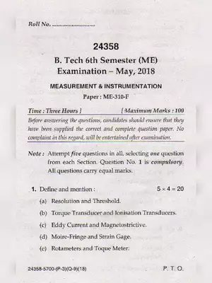 MDU B.Tech Measurement & Instrumentation Question Paper 2018