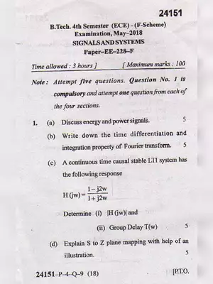 MDU B.Tech Signals & Systems Question Paper 2018