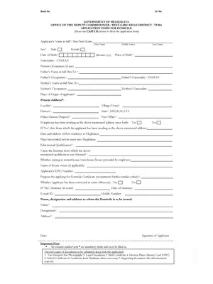 Meghalaya Domicile Certificate Application Form