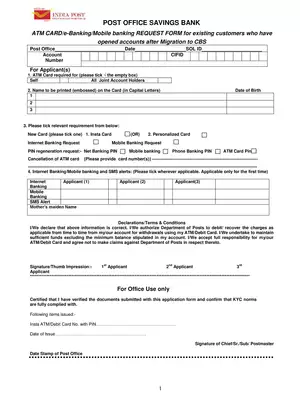 Post Office Application For ATM Card / Internet / Mobile / SMS Request Form