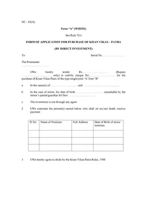 Post Office Application Form For Purchase of Kisan Vikas Patra