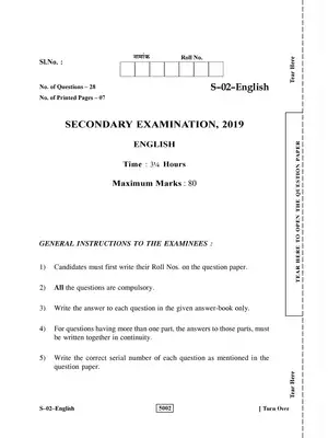 Rajasthan Board Class 10th English Question Paper 2019