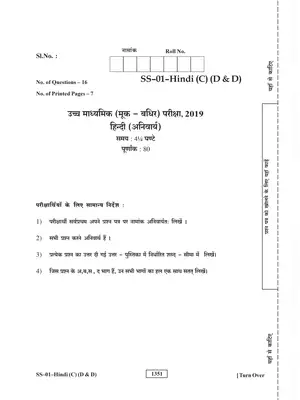 Rajasthan Board Class 12th Hindi (C)(D&D) Question Paper 2019