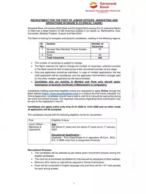 Saraswat Recruitment Notification 2020 For Junior Officer