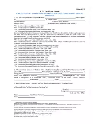SC /ST Certificate Form Jammu Kashmir