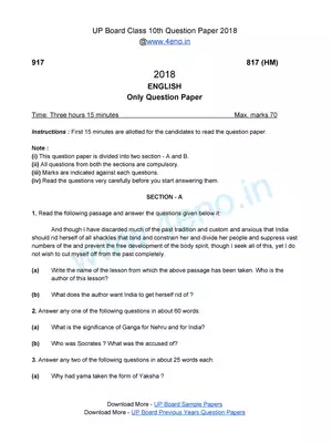 UP Board Class 10 English Question Paper 2018