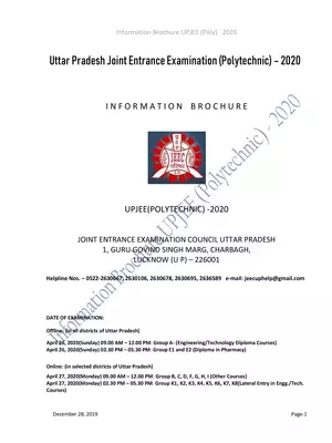 Uttar Pradesh Joint Entrance Examination (Polytechnic)-2020 Brochure