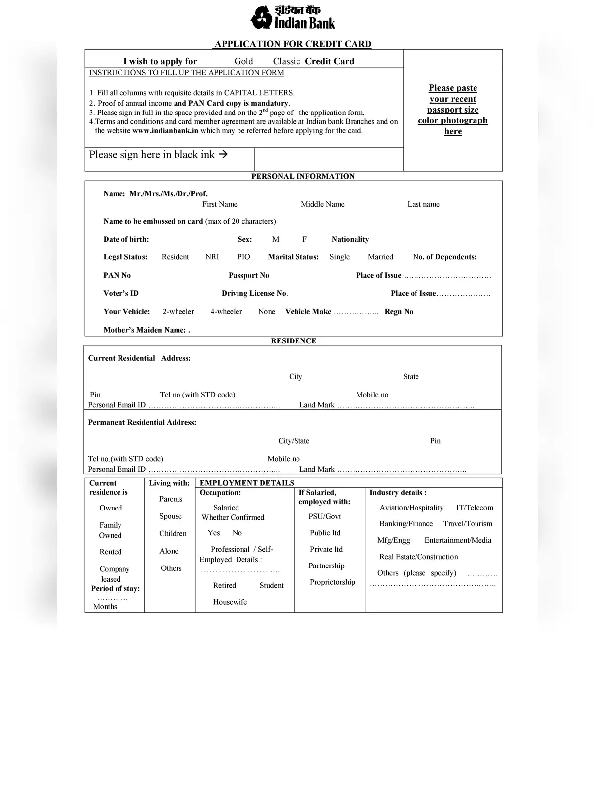 Indian Bank Credit Card Application Form PDF InstaPDF