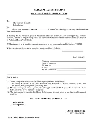 Application Form for Central Hall Pass in Rajya Sabha