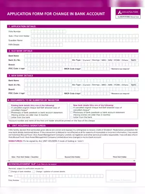 Axis Mutual Fund Application Form for Change in Bank Account